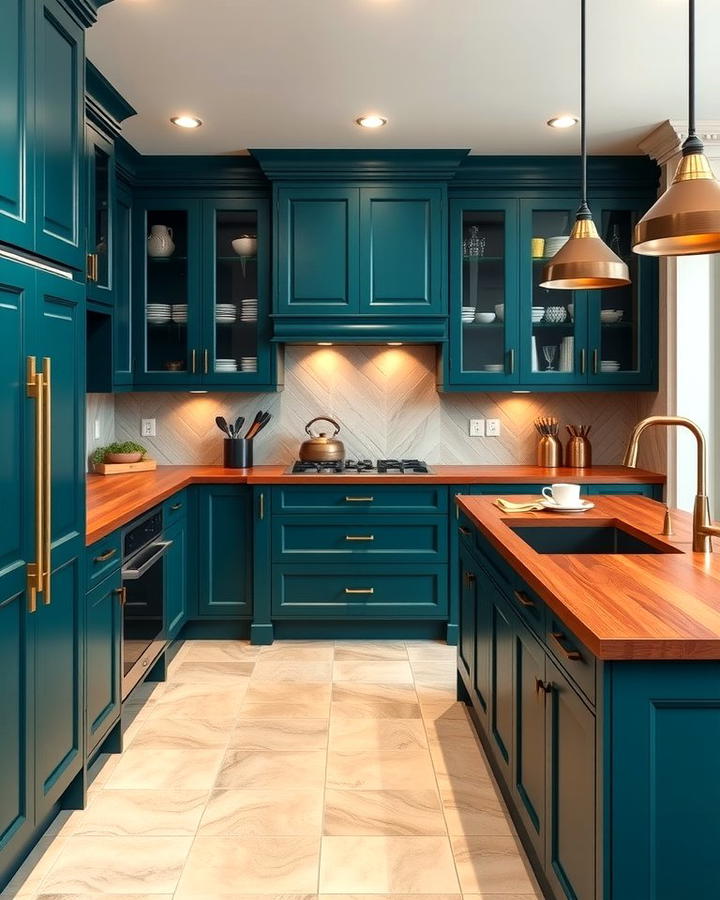 Teal Green Cabinets with Walnut Countertops