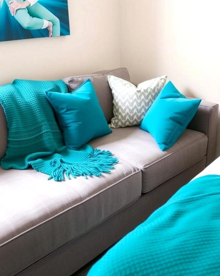 Teal Throw Blanket on a Grey Sofa