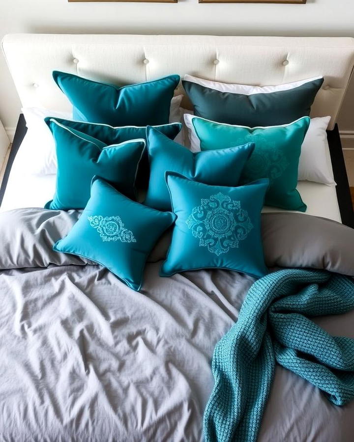 Teal Throw Pillows on a Grey Bedspread