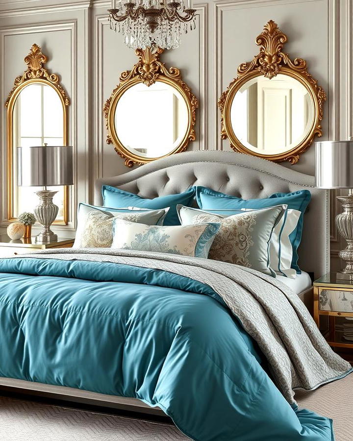 Teal and Grey Bedding with Metallic Accents