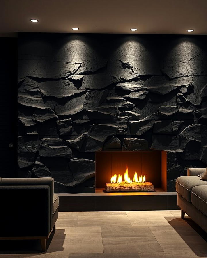 Textured Black Stone with Recessed Lighting