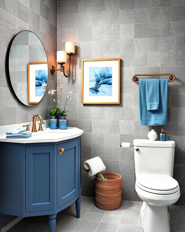 Textured Gray Tiles Bathroom With Blue Accents