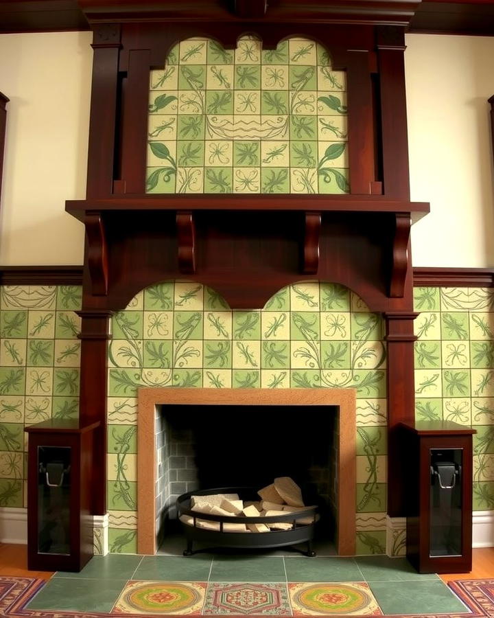 Tiled Fireplace Surround with Intricate Patterns