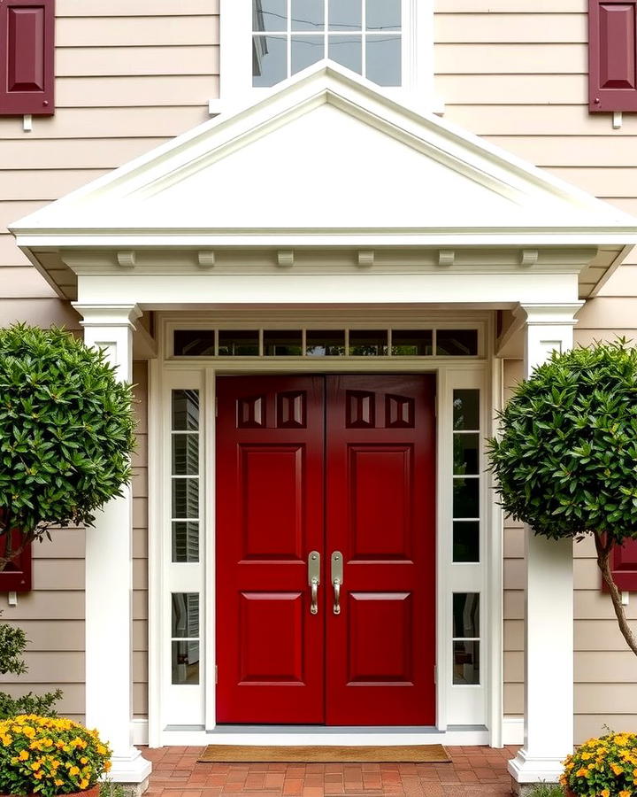 Traditional Dark Red Door with White Trim