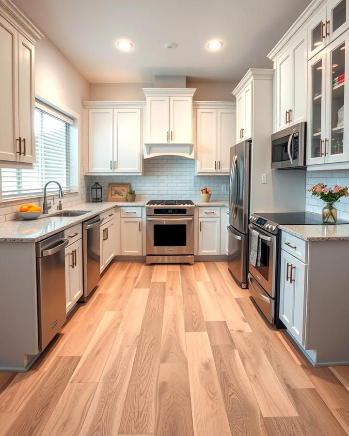 Transitional Kitchen with Light Wood Flooring