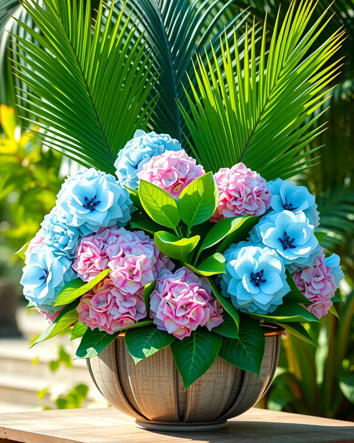 Tropical Hydrangea and Palm Leaf Arrangement