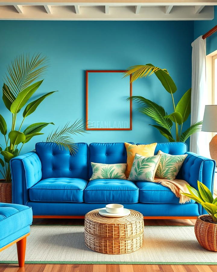 Tropical Style Blue Couch Living Room