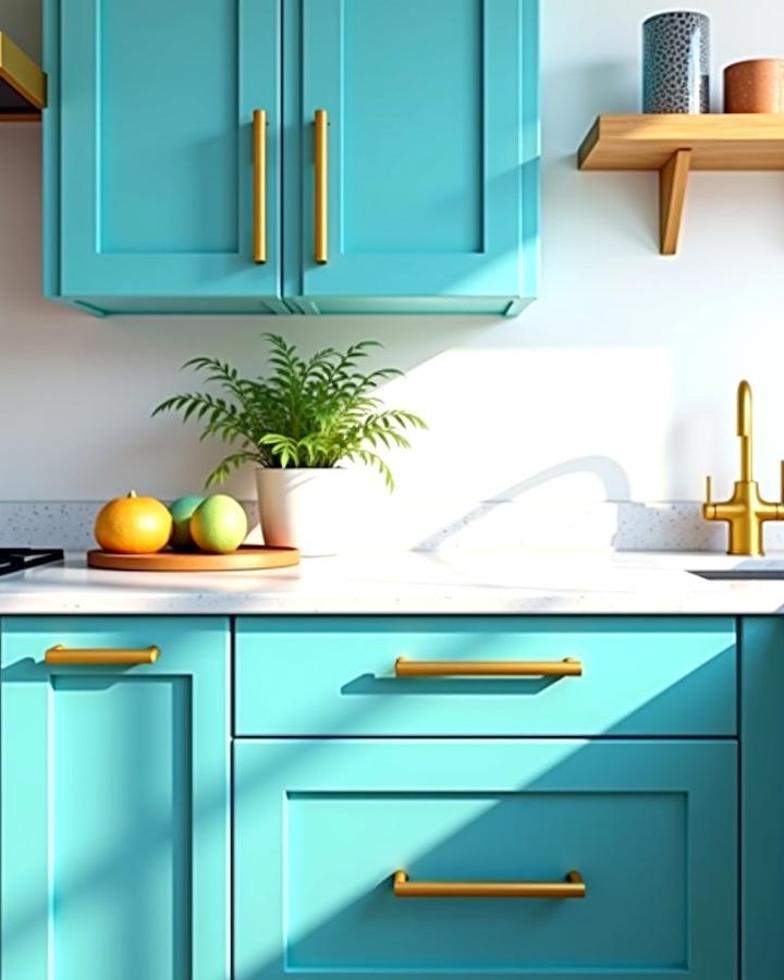 Turquoise Blue Cabinets with Gold Bar Pulls