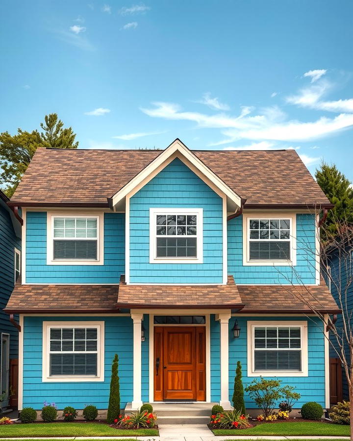 Two Tone Blue Exterior with Brown Roof for Visual Interest