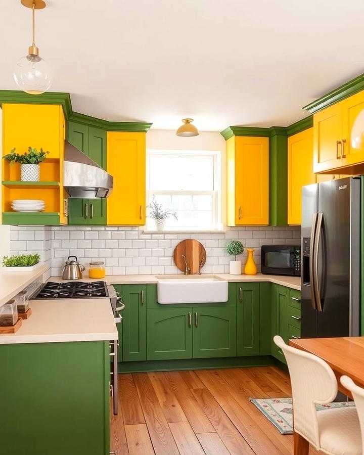 Two Tone Cabinets in Green and Yellow