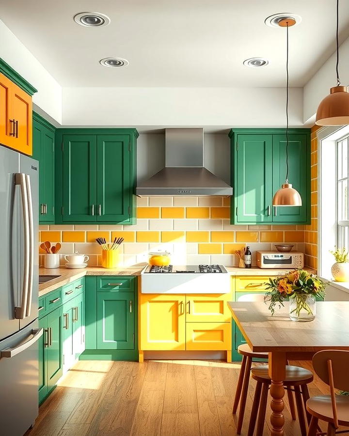 Two Tone Cabinets with Green and Yellow