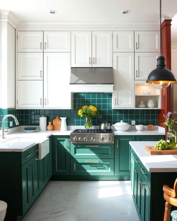 Two Tone Emerald Green and White Cabinets