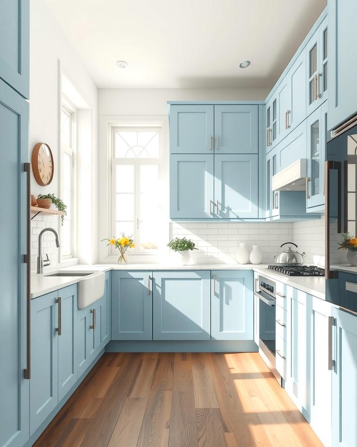 Two Toned Light Blue and White Cabinets