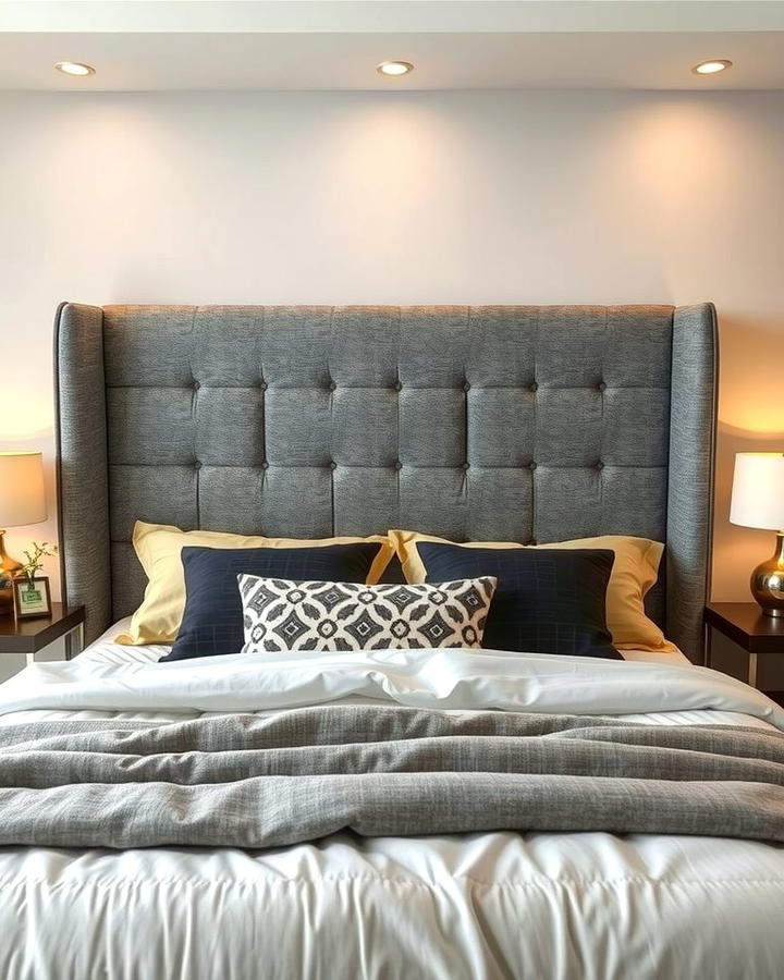 Upholstered Grey Headboard with Geometric Patterns