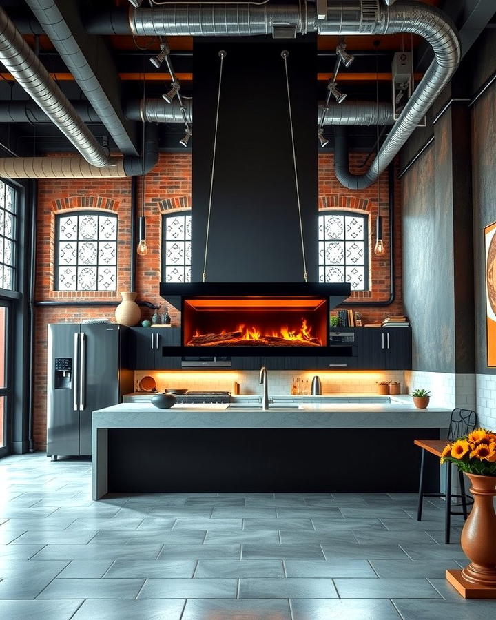 Urban Loft Kitchen with a Suspended Fireplace