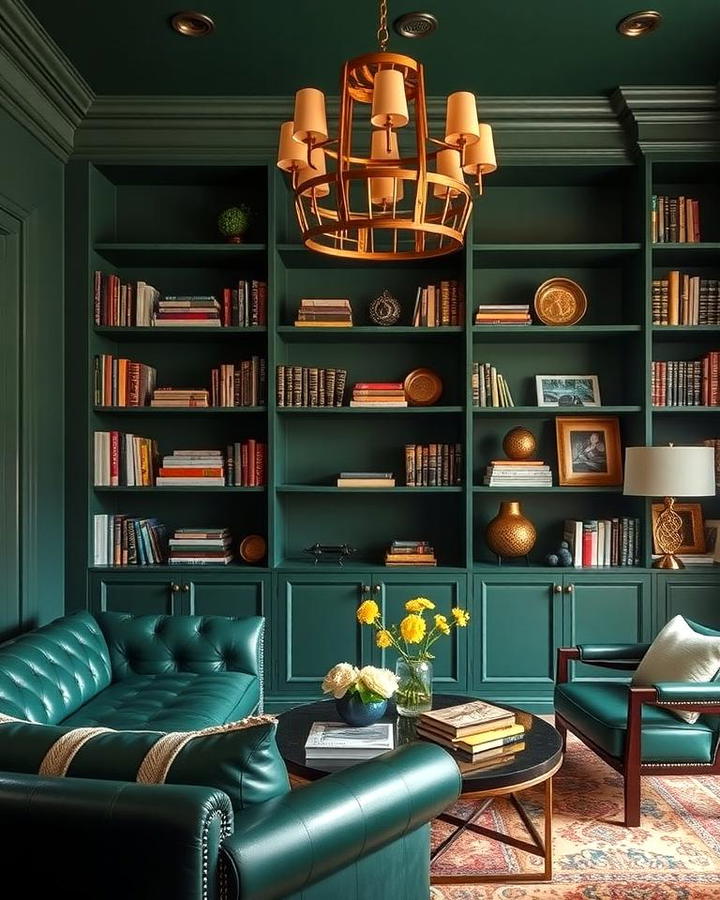 Using Dark Green as a Backdrop for Open Shelving