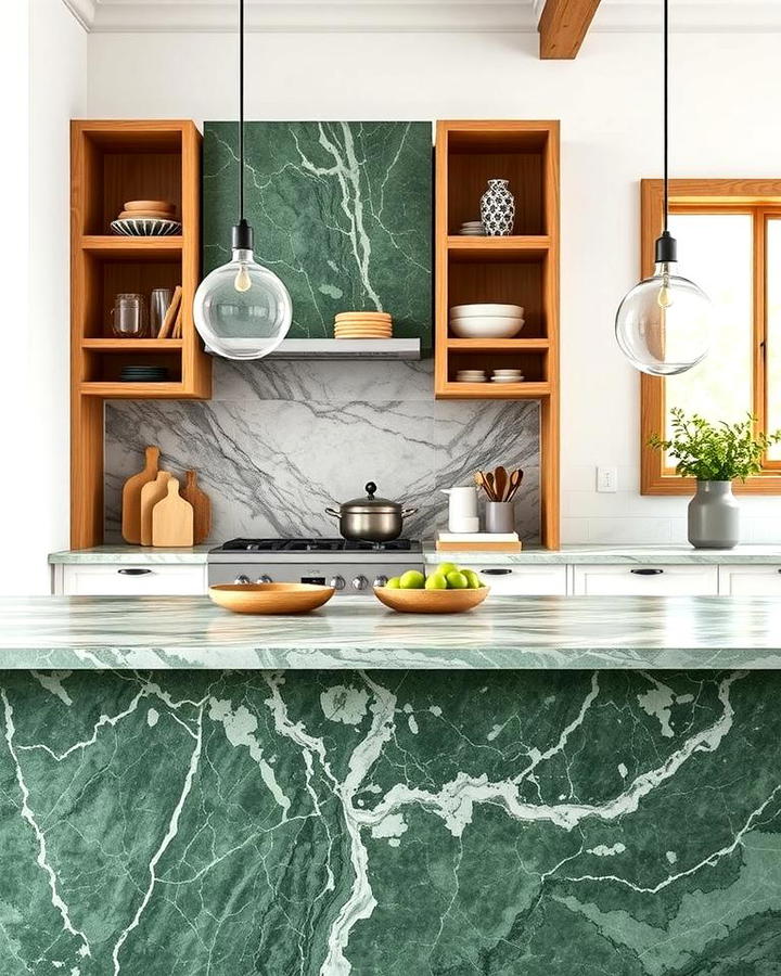 Veined Green Marble with Natural Wood Accents