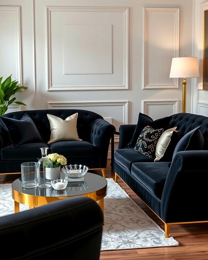 Velvet Black Sofas with Gold Trim