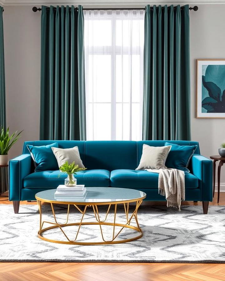 Velvet Teal Sofa with Grey Rug