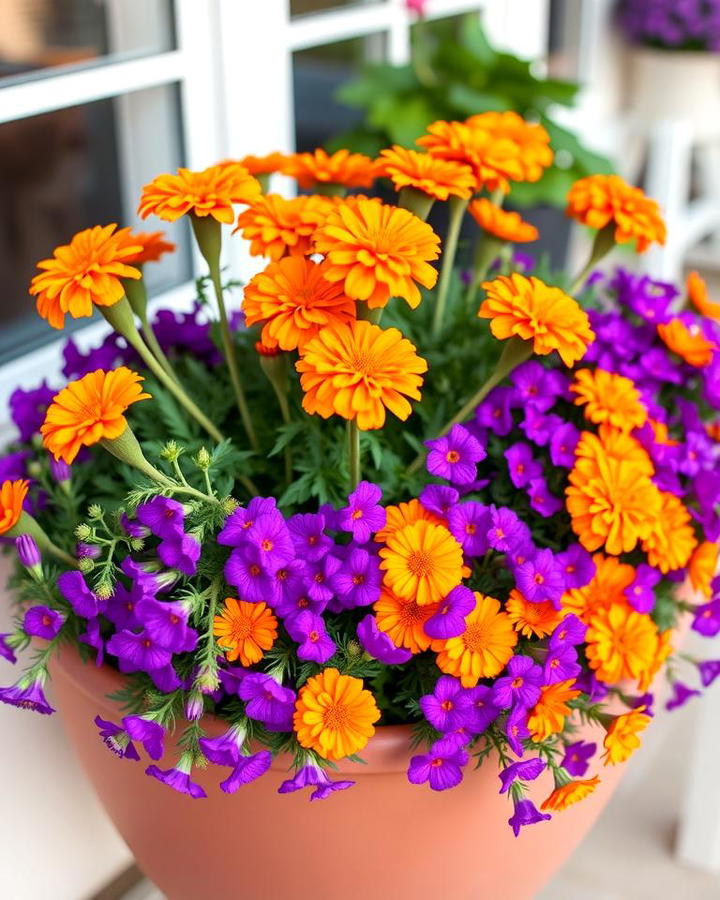 Vibrant Layers with Orange Marigolds and Purple Verbena