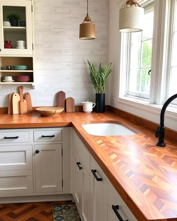 Vintage Appeal with Parquet Wood Countertops