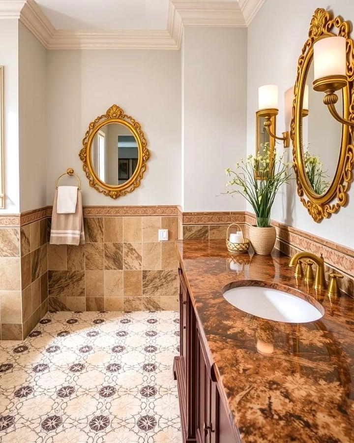 Vintage Glam with Brown Granite and Brass Fixtures