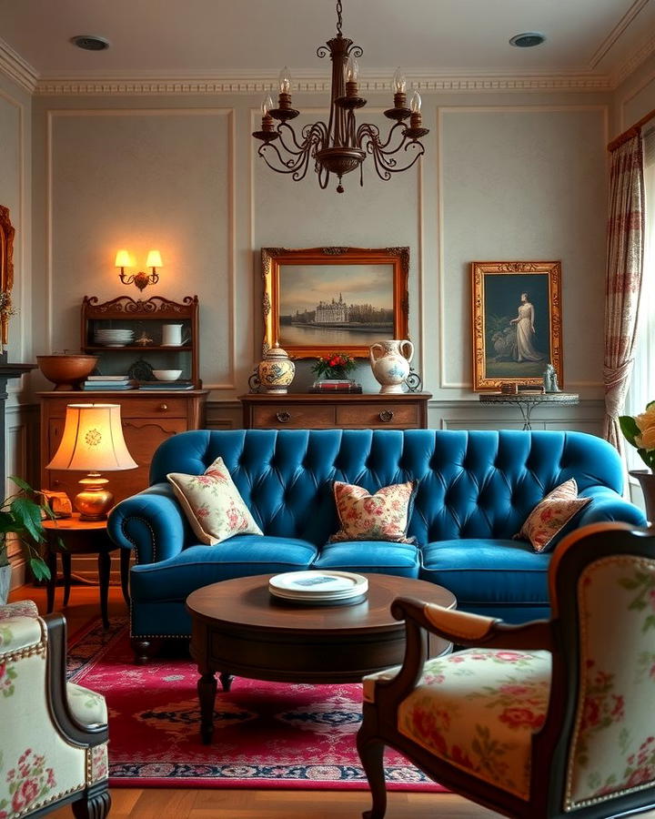 Vintage Inspired Blue Couch Living Room