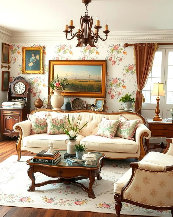 Vintage Inspired Living Room with Cream Couch