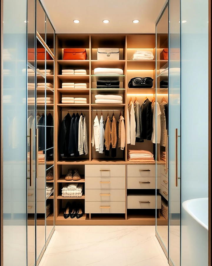 Walk in Closet With Glass Panels in Bathroom