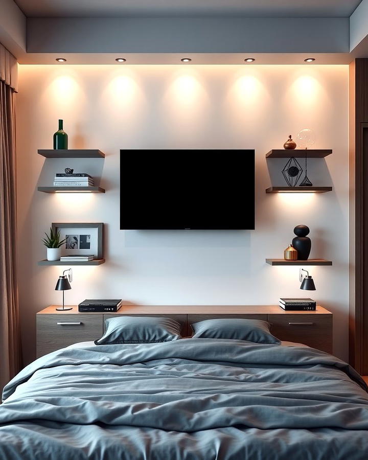 Wall Mounted TV with Floating Shelves