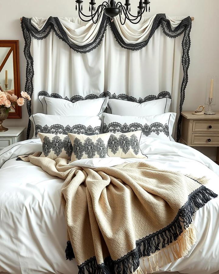 White Bedding with Black Lace Accents