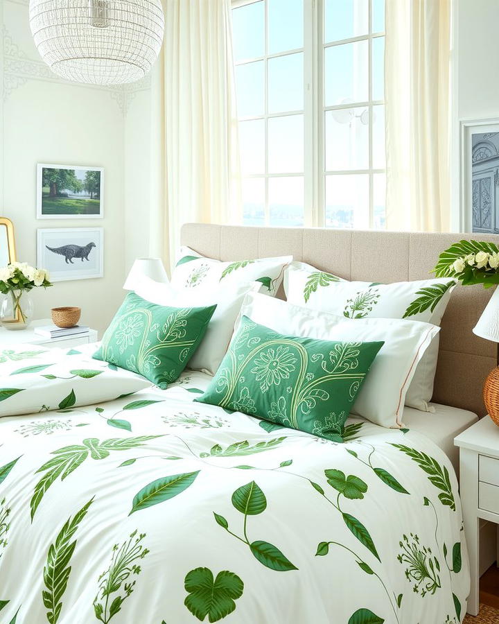 White Bedding with Green Patterns