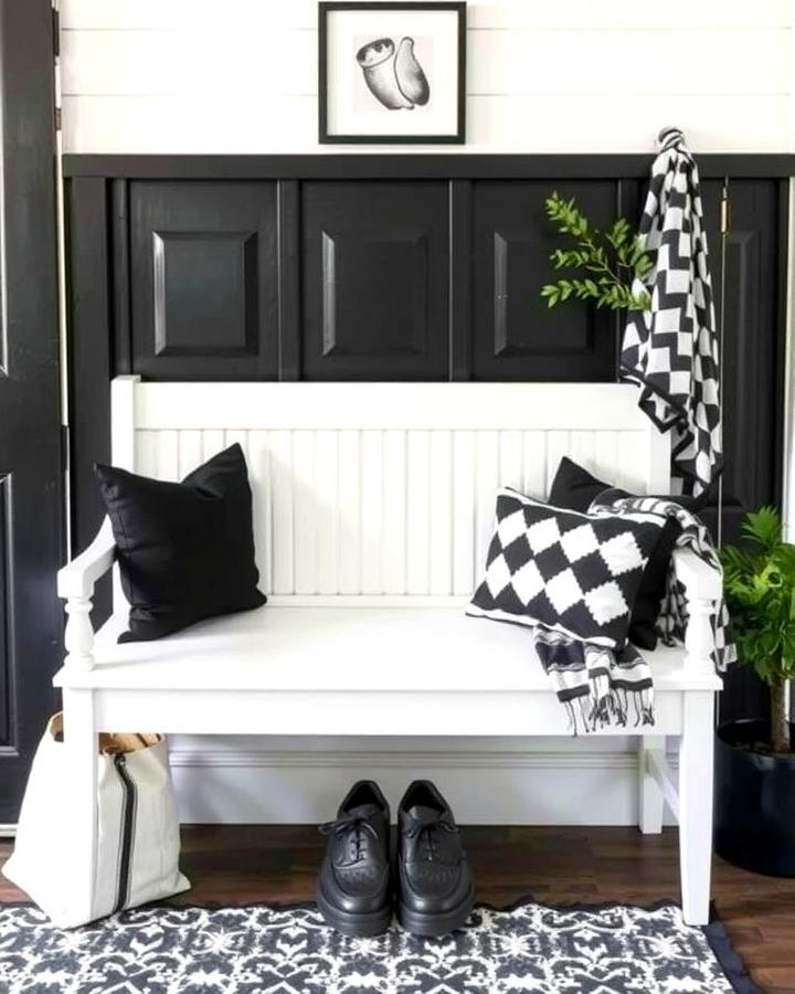 White Bench with Black Cushions