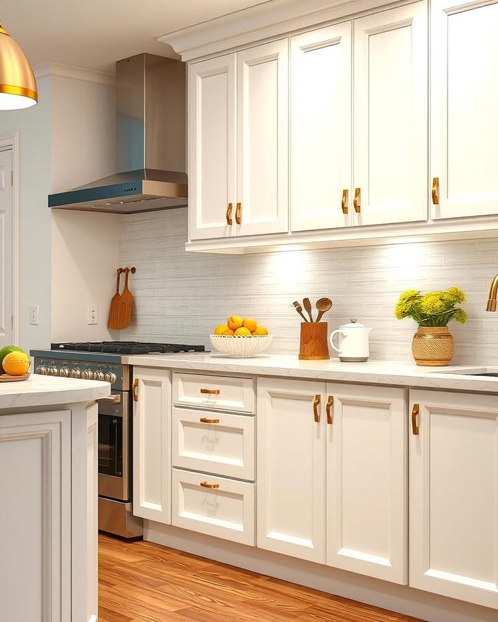 White Cabinets with Gold Corner Protectors