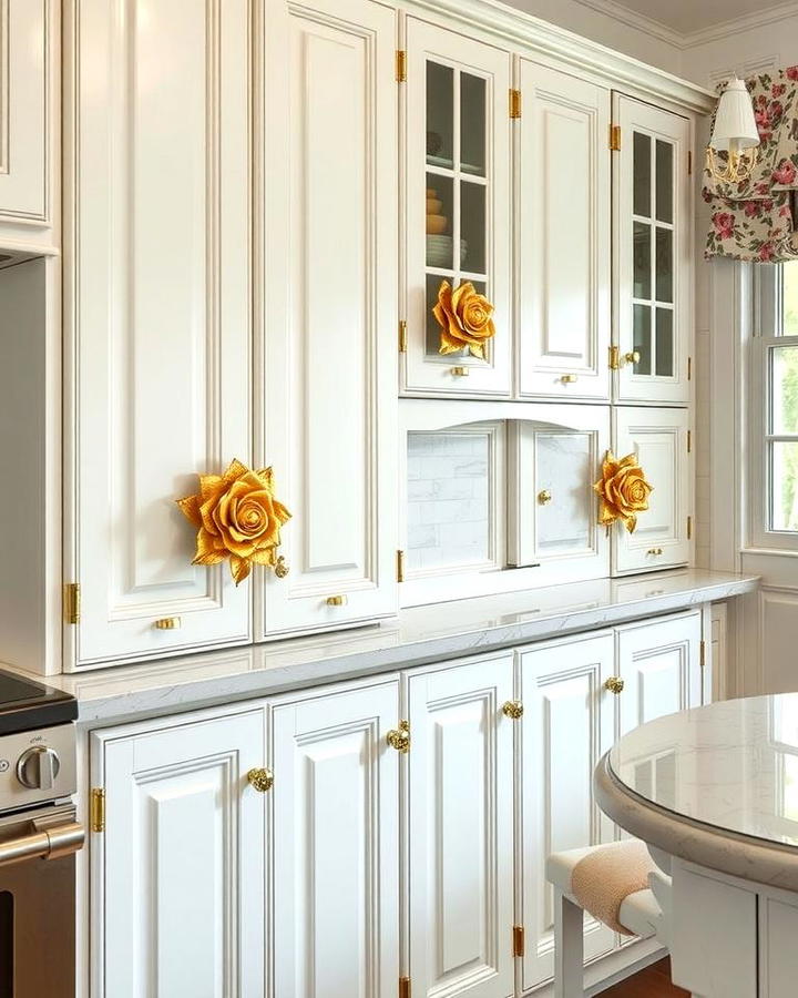 White Cabinets with Gold Floral Hardware