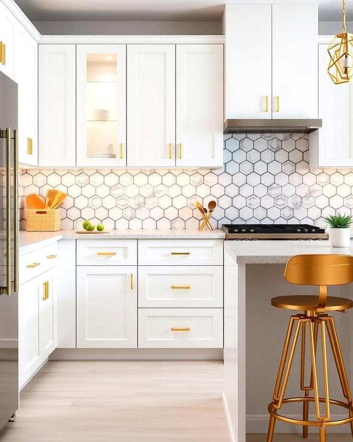 White Cabinets with Gold Geometric Handles