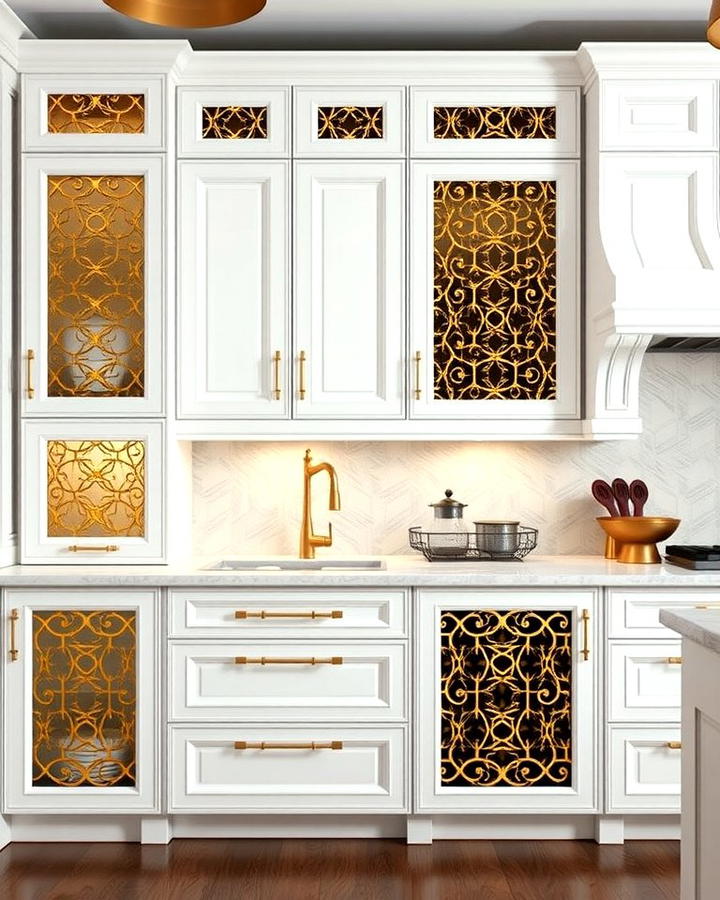 White Cabinets with Gold Lattice Inserts