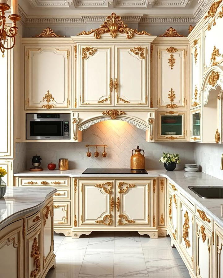 White Cabinets with Gold Leaf Accents