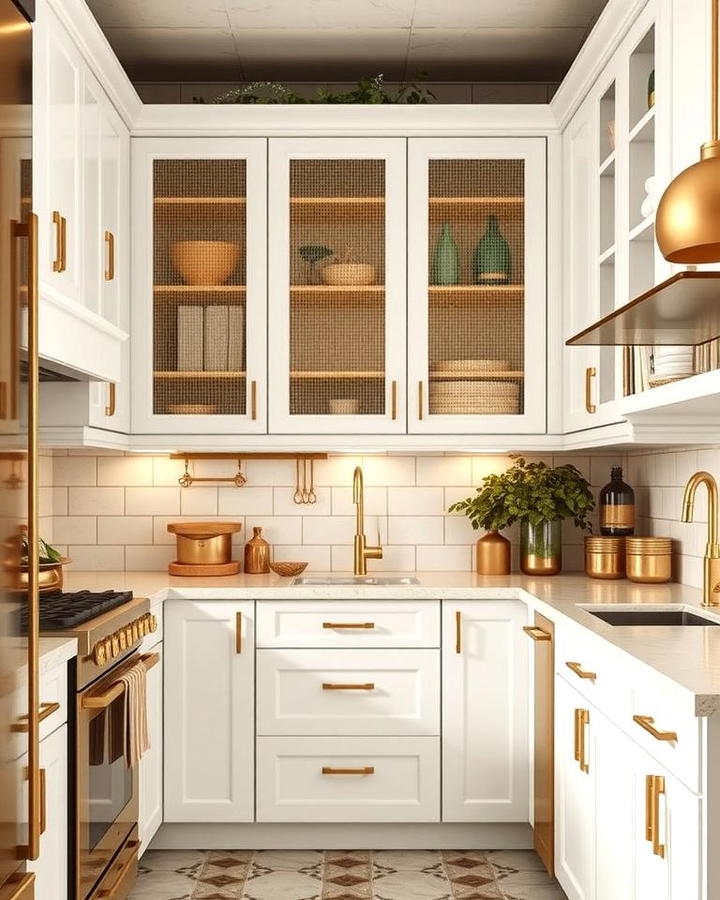 White Cabinets with Gold Mesh Panels