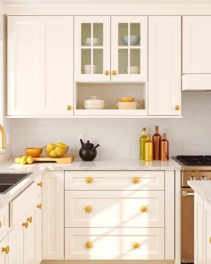 White Cabinets with Gold Starburst Knobs