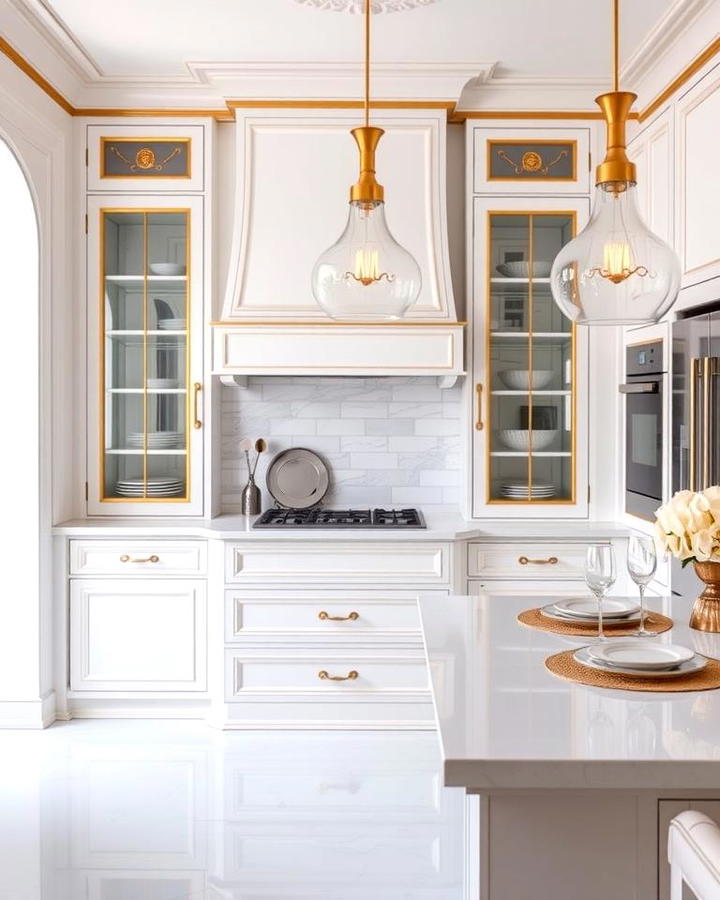 White Cabinets with Gold Trim and Glass Doors