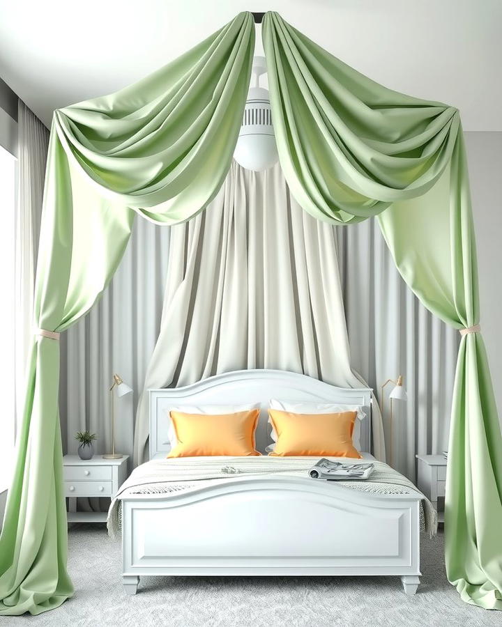 White Canopy Bed with Green Drapes