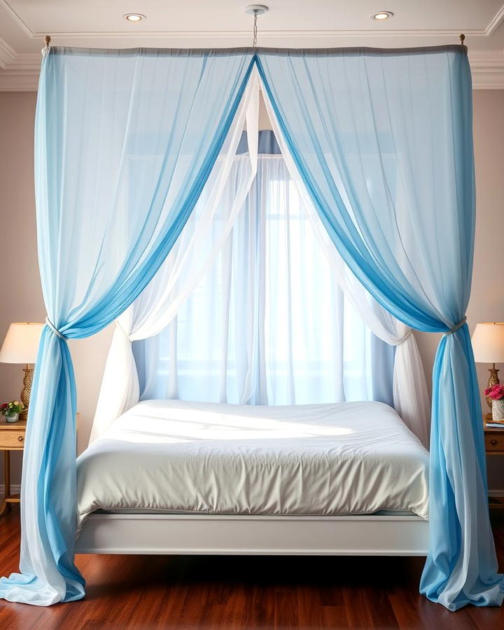 White Canopy Beds with Blue Drapes