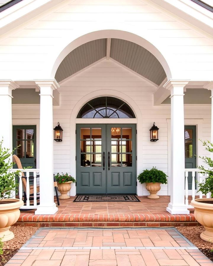 White Farmhouse with Wrap around Porch and Arched Entryway