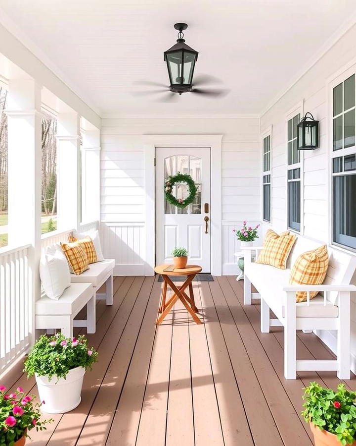 White Farmhouse with Wrap around Porch and Built in Benches