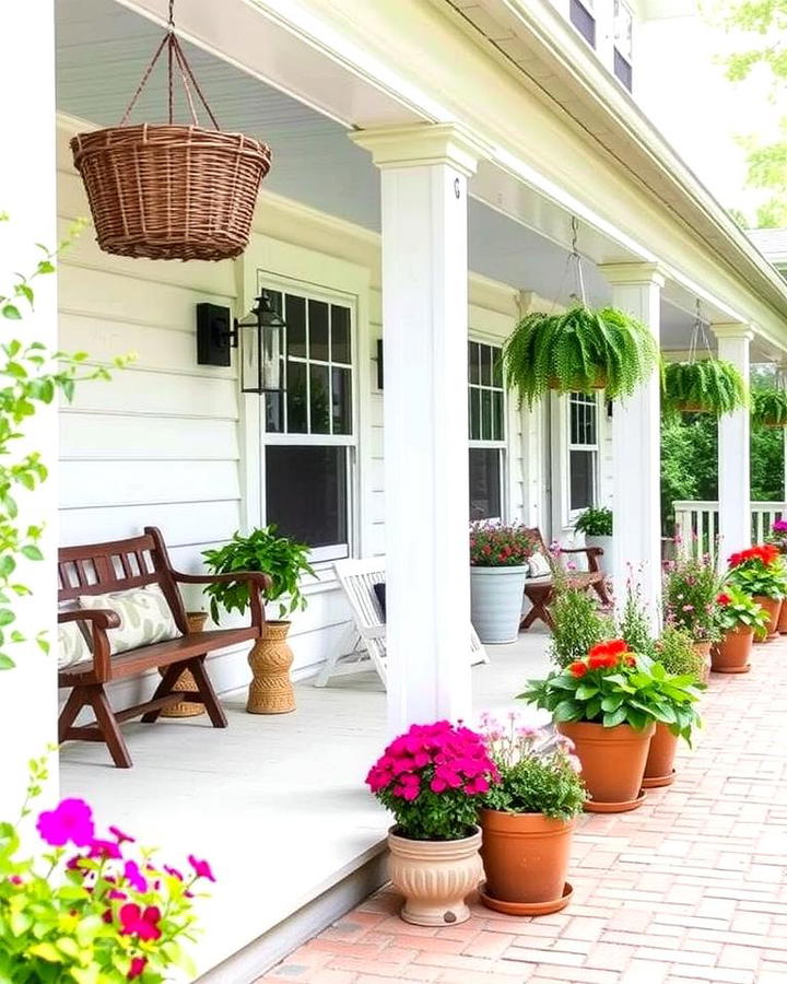 White Farmhouse with Wrap around Porch and Potted Plants