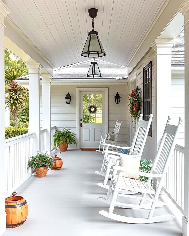 White Farmhouse with Wrap around Porch and Rocking Chairs