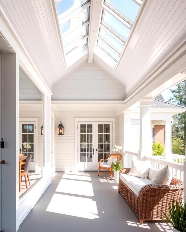 White Farmhouse with Wrap around Porch and Skylights