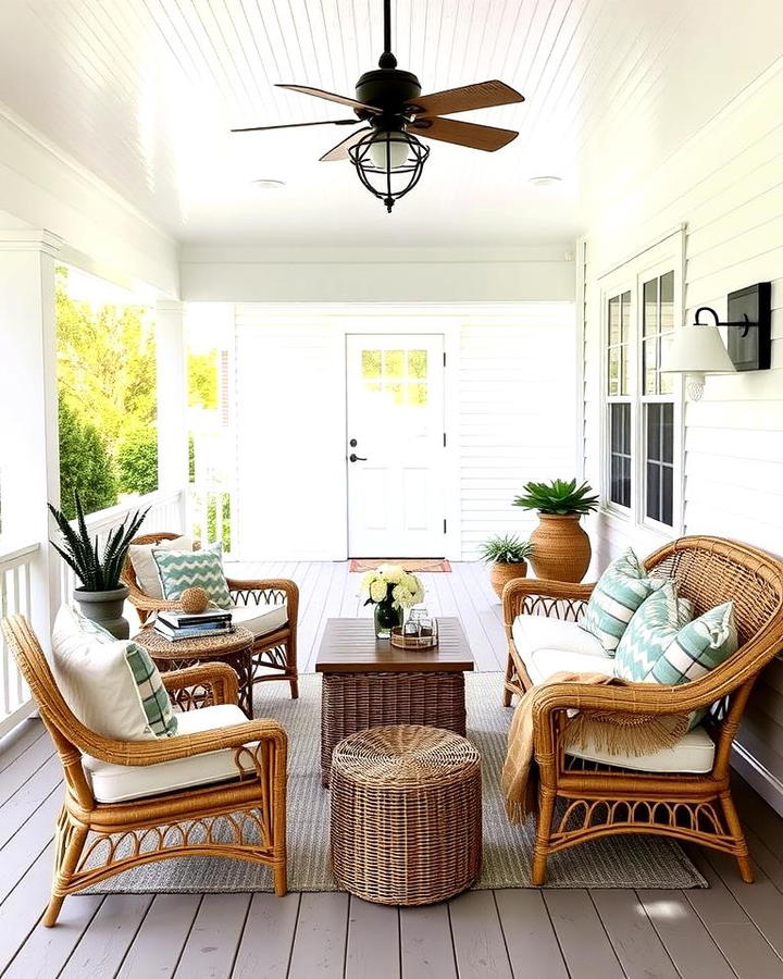 White Farmhouse with Wrap around Porch and Wicker Furniture