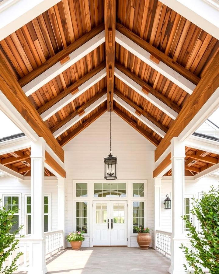 White Farmhouse with Wrap around Porch and Wooden Ceiling Beams